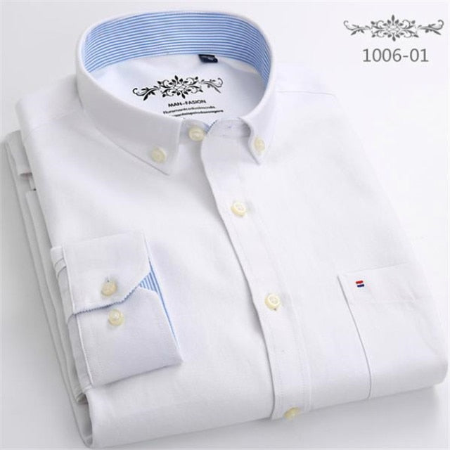 S- 6XL Oxford Shirts For Mens Long Sleeve Cotton Casual Dress Shirts Male Solid Plaid Chest Pocket Regular-Fit Man Social Shirt