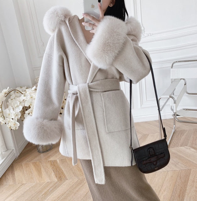 High-Quality Female Winter Natural Cashmere Woolen Coat With Real Fox Fur Hoodie Genuine Fur With Belt Medium Length Overcoat