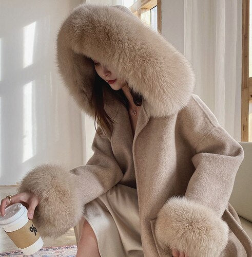 High-Quality Female Winter Natural Cashmere Woolen Coat With Real Fox Fur Hoodie Genuine Fur With Belt Medium Length Overcoat