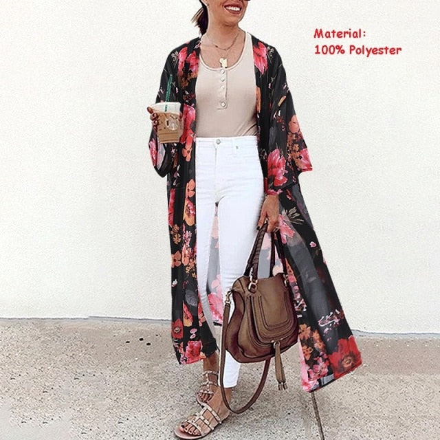 Bohemian Floral Printed Shirt Kimono ZANZEA Summer Beach Cardigan Women Open Front Long Sleeve Casual Blouse Vintage Long Tops