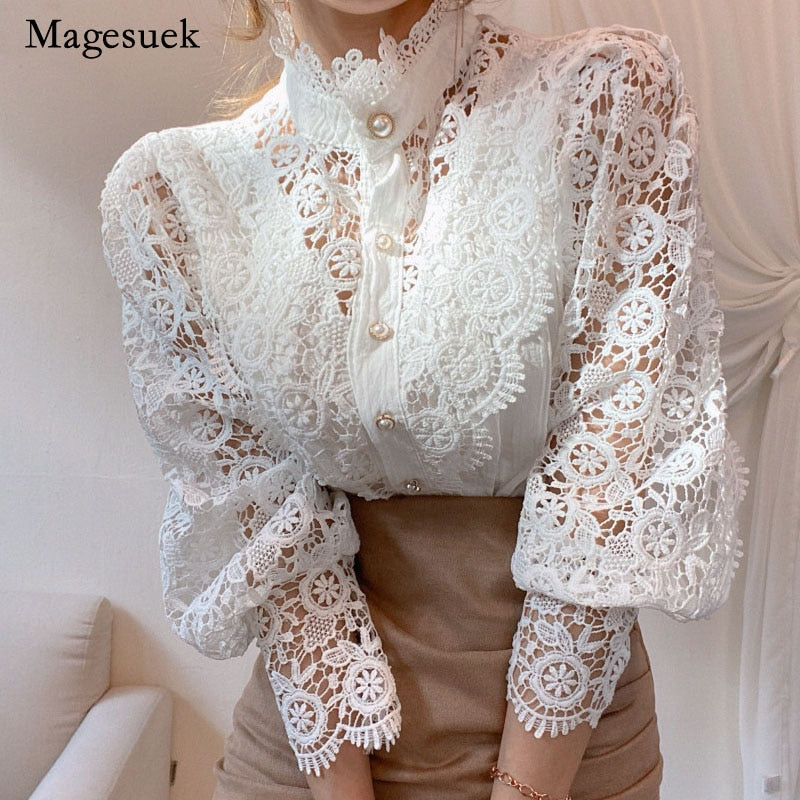 Petal Sleeve Stand Collar Hollow Out Flower Lace Patchwork Shirt Femme Blusas All-match Women Blouse Chic Button White Top 12419