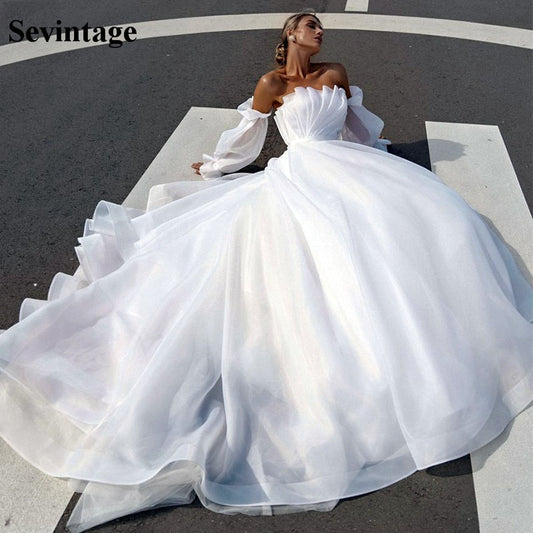 Sevintage 2021 Boho Wedding Dresses Sexy Backless Puff Sleeves Beach Bride Dress Organza Princess Wedding Gowns Plus Size
