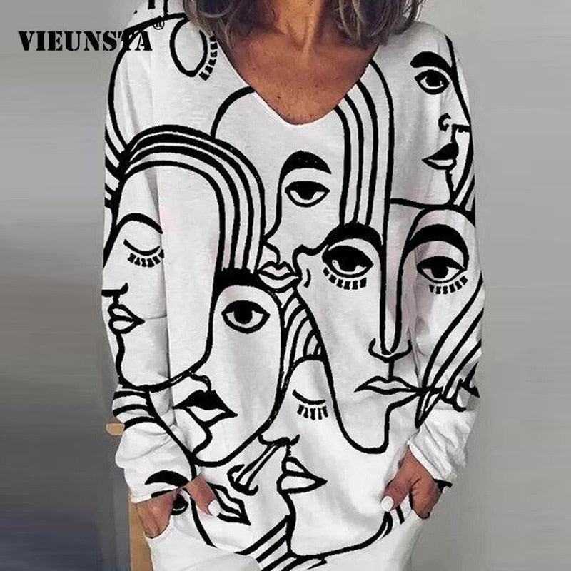 Vintage Abstract Print V Neck Blouse Shirt Women 2021 New Autumn Long Sleeve Loose Tops Pullover Casual Streetwear Female Blusas - Shop 24/777