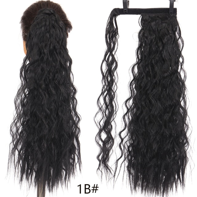 MANWEI women Ponytail Hair Extension Wig Clip in Straight Kinky Curly Long Synthetic Wrap Around Pony Tail Black Hairpiece