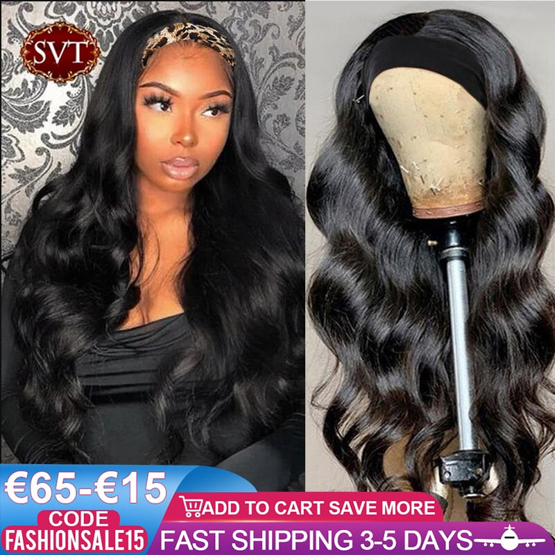 SVT Headband Wig 100% Human Hair Scarf Wig 150%/180% Density Remy Brazilian Body Wave Wig Natural Wavy Glueless Wig for Women 1B