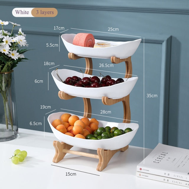 2/3 Tiers Fruit Plate with Wood Holder Snacks Candy Serving Plate Bowl Kitchen Organizer Rack Party Food Serving Display Tray