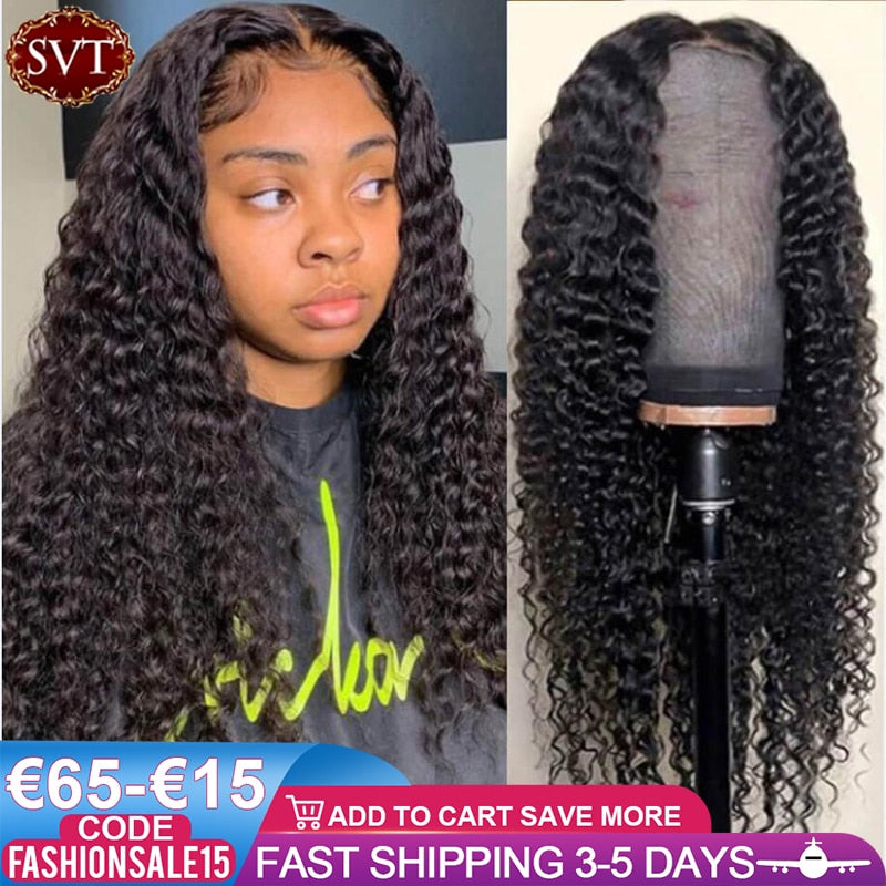 SVT Indian Deep Curly Lace Front Wig Human Hair Wigs For Black Women Deep Wave 4x4 Glueless Lace Closure Wig Prelucked Hairline
