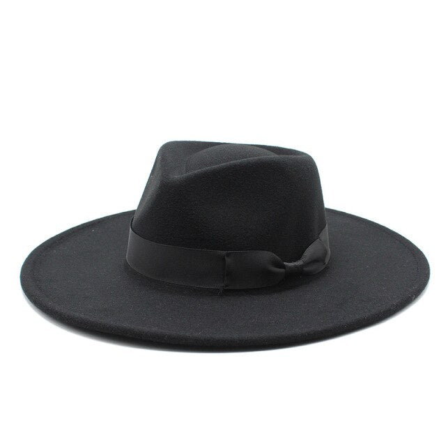 New fedora hat ribbon band belt wide brim solid round top women hats classic simple formal dress church white black winter hat