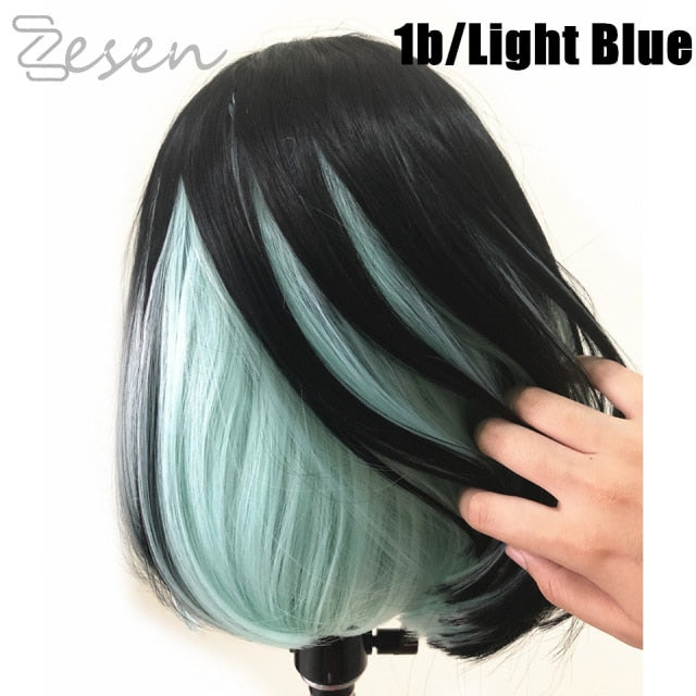 Zesen 13*4 Synthetic Lace Front Wig Straight Hair Bob Wigs Ombre Color and Green Color Lace Frontal Cosplay Short Wigs For Women