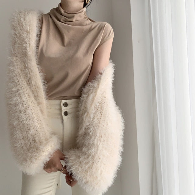 Luxury V-Neck Mink Cashmere Knit Cardigan Mohair Crocheted Sweater Coat Faux Fur Furry Jacket Velvet Lantern Sleeve Tops Sueter