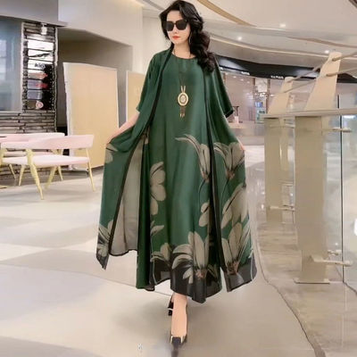 New Spring Summer Suit Dresses Female Fashion Loose Oversize 5XL Printed Tops + Dress Women's Short-Sleeved Two-Piece Suit Lady