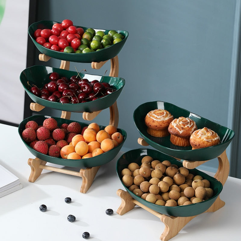 2/3 Tiers Fruit Plate with Wood Holder Snacks Candy Serving Plate Bowl Kitchen Organizer Rack Party Food Serving Display Tray