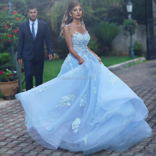 Popular Sky Blue Wedding Dresses Scoop Illusion Sleeveless Open Back Lace Appliques Sweep Train Bridal Gowns Robe De Mariee