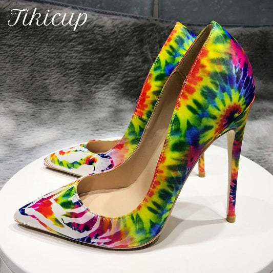 Tikicup Art Paiting Printed Women Glossy Pointed Toe High Heels 8cm 10cm 12cm Ladies Fashion Stiletto Pumps Designer Dress Shoes