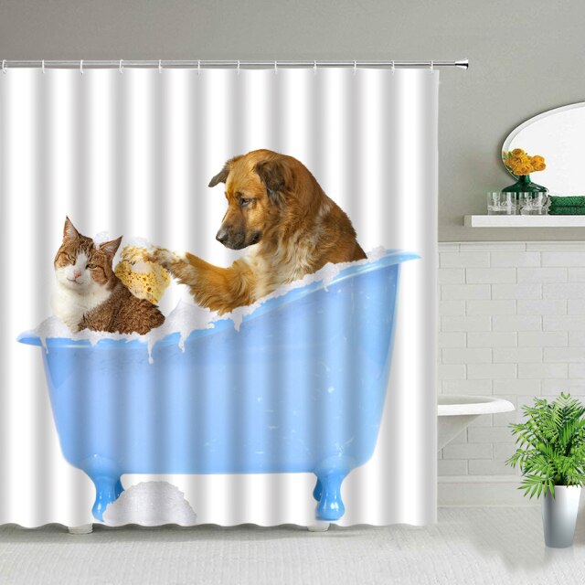 Cute Animal Cat Dog Shower Curtain Set 3d Waterproof Child Bathroom Curtains Polyester Fabric Home Bathroom Decor With Hooks
