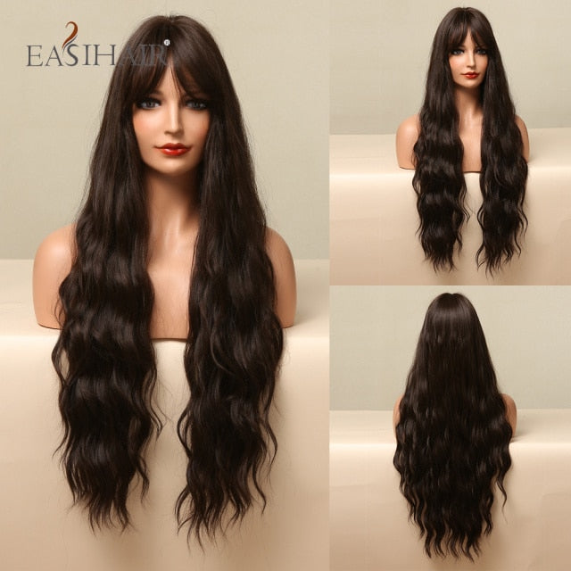 EASIHAIR Long Body Wave Wigs Ombre Black Brown Blonde Synthetic Wig Cosplay Middle Part Natural Heat Resistant Wig for Women