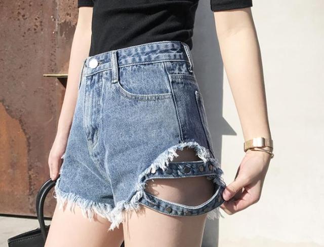 Rivet denim shorts 2021 summer spring women high waist loose tassel jeans shorts