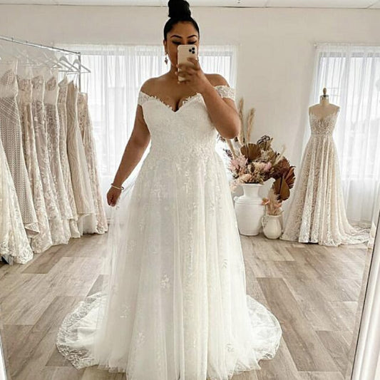 Wedding Dress Plus Size A-Line Off The Shoulder Lace Applique Tulle Backless Robe De Mariée Orienta Sweep Train Gown Custom Made