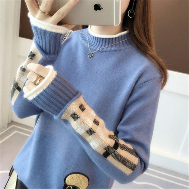 Cartoon base sweater knitted patch pullover sweater women Korean version long-sleeved tops autumn and winter new 2021