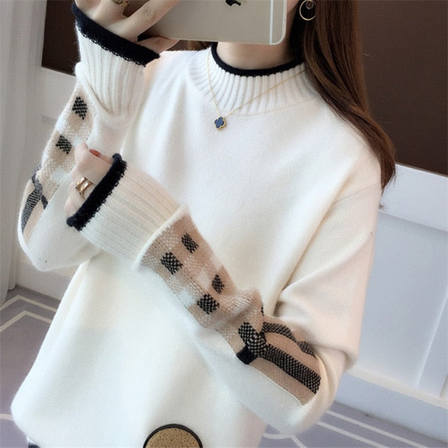 Cartoon base sweater knitted patch pullover sweater women Korean version long-sleeved tops autumn and winter new 2021