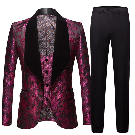 Mens Fashion Big Shawl Lapel 3 Pieces Set Pink Red Blue White Black Wedding Groom Suits Quality Jacquard Banquet Tuxedo