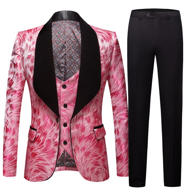 Mens Fashion Big Shawl Lapel 3 Pieces Set Pink Red Blue White Black Wedding Groom Suits Quality Jacquard Banquet Tuxedo