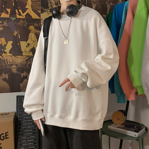 Men's Solid Color Sweatshirts 2021 Autumn Harajuku O-Neck Oversized Pullover Casual Plus Velvet Long Sleeve Basic Top Streetwear