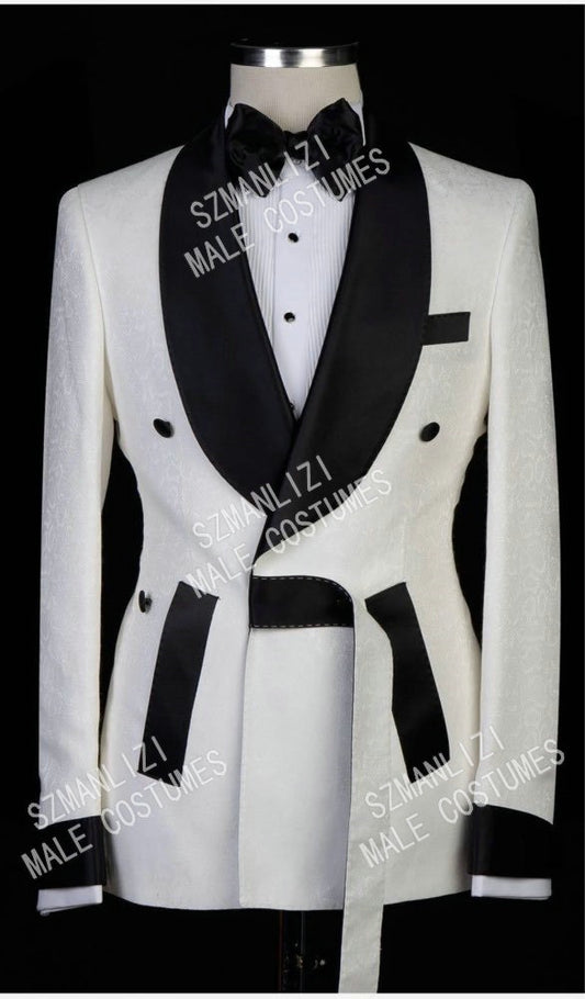 Latest Coat Pant Designs 2021 White Jacquard Double Breasted Men Suits For Wedding Slim Fit Tailor Made Groom Prom Tuxedo Blazer
