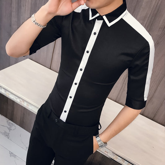 Fashion 2021 Spring Summer Half Sleeve Men Shirt Slim Fit Simple All Match Patchwork Color Night Club Prom Tuxedo Casual Blouses