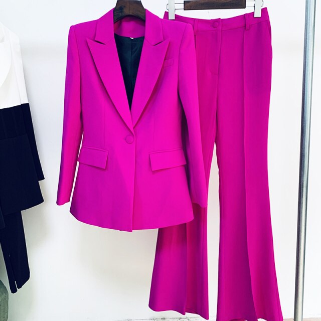 HIGH QUALITY Newest 2021 Runway Designer Suit Set Women's Career Single Button Blazer Jacket Flare Pants Suit 2pcs Set
