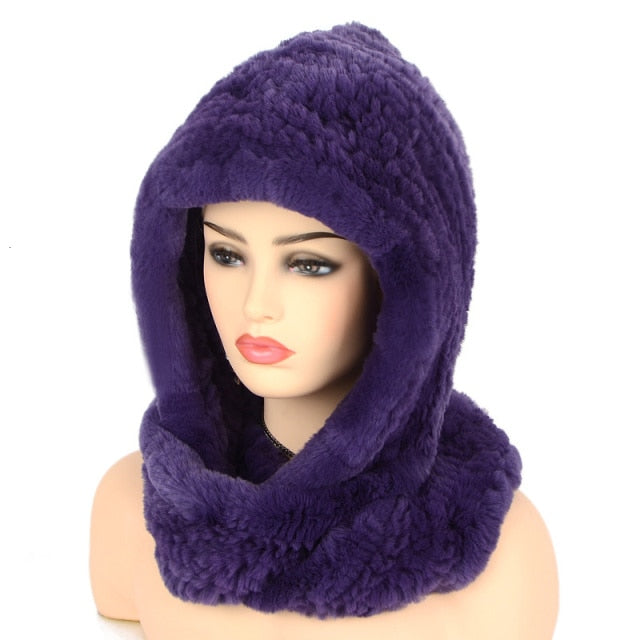 Women Knitted Real Rex Rabbit Fur Hat Hooded Scarf Winter hats for Woman Cap Warm Natural Fur Hat With Neck Scarves