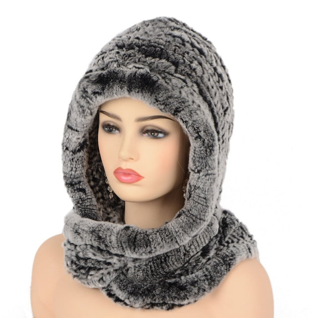 Women Knitted Real Rex Rabbit Fur Hat Hooded Scarf Winter hats for Woman Cap Warm Natural Fur Hat With Neck Scarves