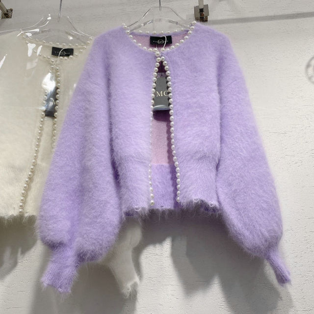 Korean Vintage Pearl Imitation Mink Cashmere Sweater Women Solid Fashion Lantern Long Sleeve Knitted Cardigan Sweater Coat