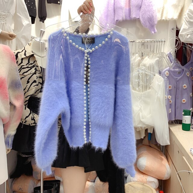 Korean Vintage Pearl Imitation Mink Cashmere Sweater Women Solid Fashion Lantern Long Sleeve Knitted Cardigan Sweater Coat