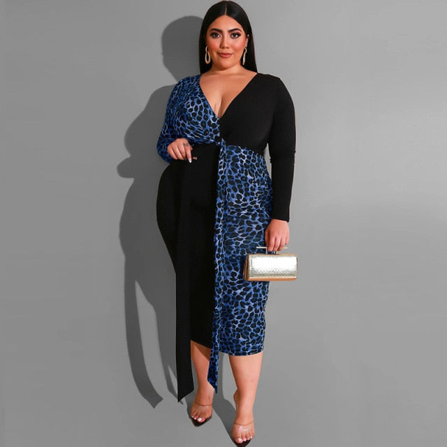 Plus Size Dress Womens Leopard Dress Lace Up Sexy V Neck Winter Long Sleeve OL High Waist Pencil Dresses Wholesale Dropshipping