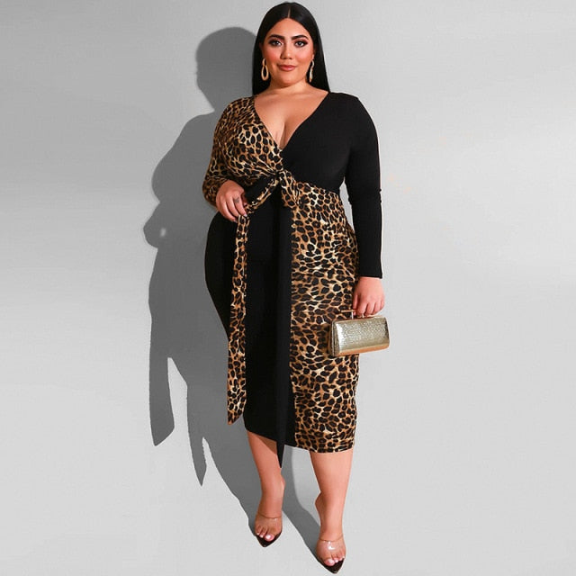 Plus Size Dress Womens Leopard Dress Lace Up Sexy V Neck Winter Long Sleeve OL High Waist Pencil Dresses Wholesale Dropshipping