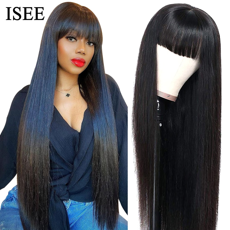 ISEEHAIR Machine Made Sew In Wig Human Hair Straight Wig  Malaysian Straight Wig with Bang Natural Color For Women Glueless Wigs