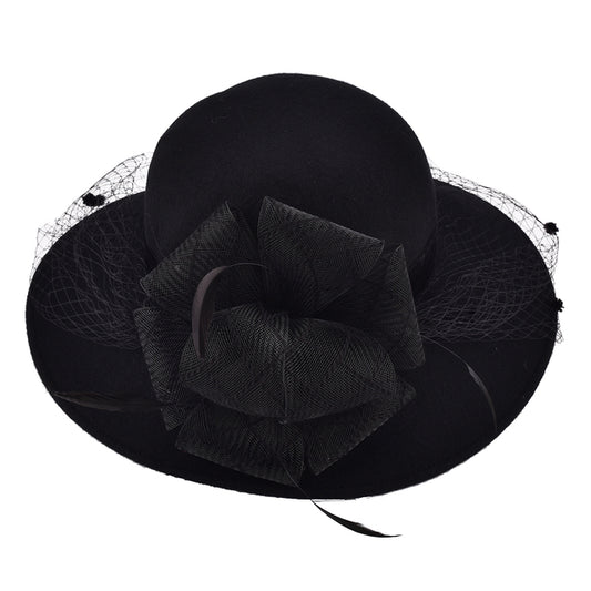 Womens Trendy Wool Felt Floppy Wide Brim Dressy Wedding Church Veil Netting Hat A322