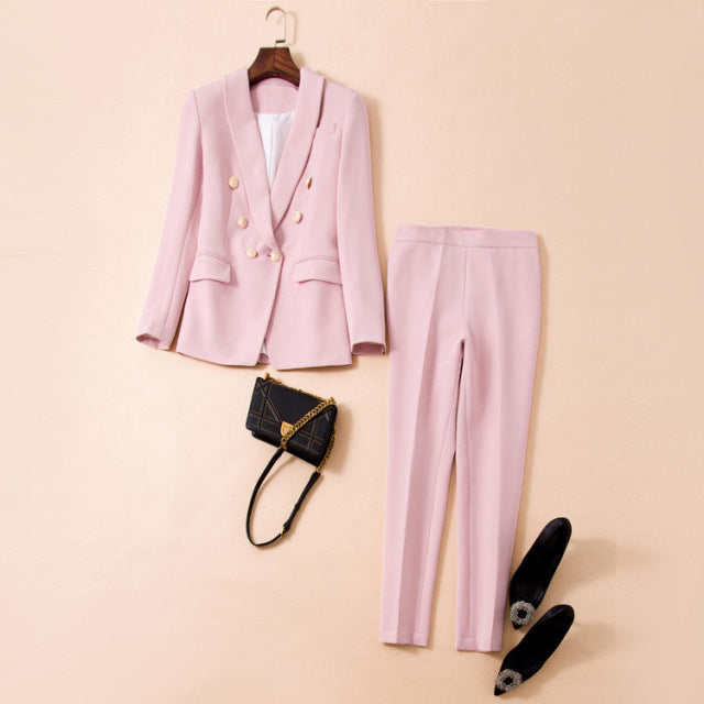 Purple Yellow Pink Pantsuits Two Piece Set Women Office Ladies Double Breasted Golden Buttons Nine Blazer Pants Set Formal Suits