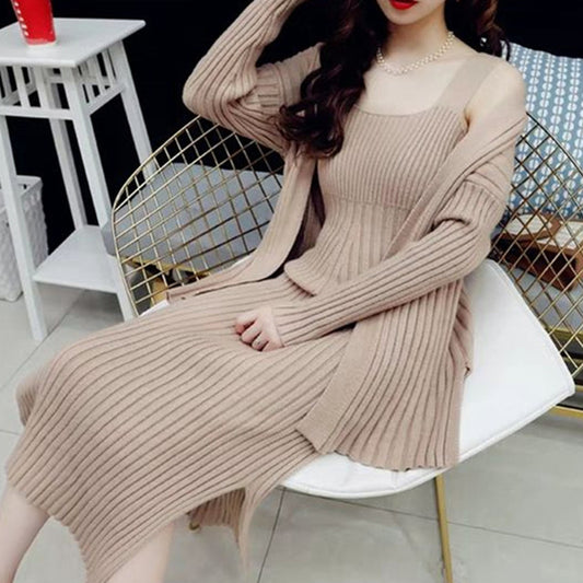 SMTHMA 2021 New High Quality Winter Women's Casual Long Sleeved Cardigan + Suspenders Sweater Vest Two Piece Runway Dresses Suit