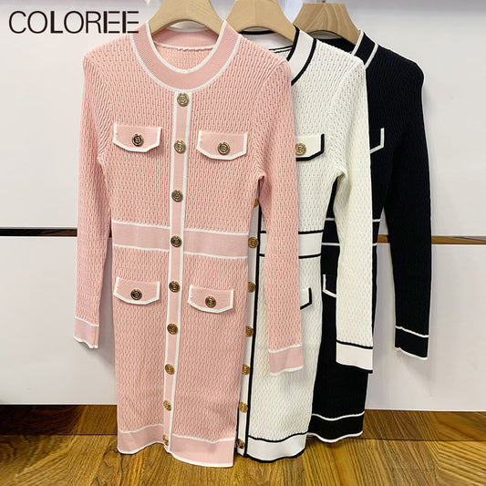 Luxury Designer Letter Buttons Knitted Dresses for Women 2021 Ladies Elegant O-neck Long Sleeve Mini Dress Autumn Winter Clothes