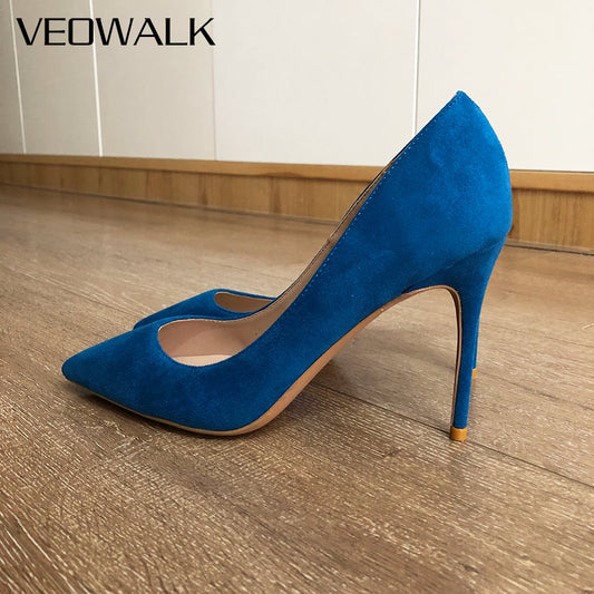 Veowalk Royal Blue Women Flock Pointed Toe Stiletto Pumps Elegant Ladies Formal Dress Shoes Slip On Extremely High Heels 45 46