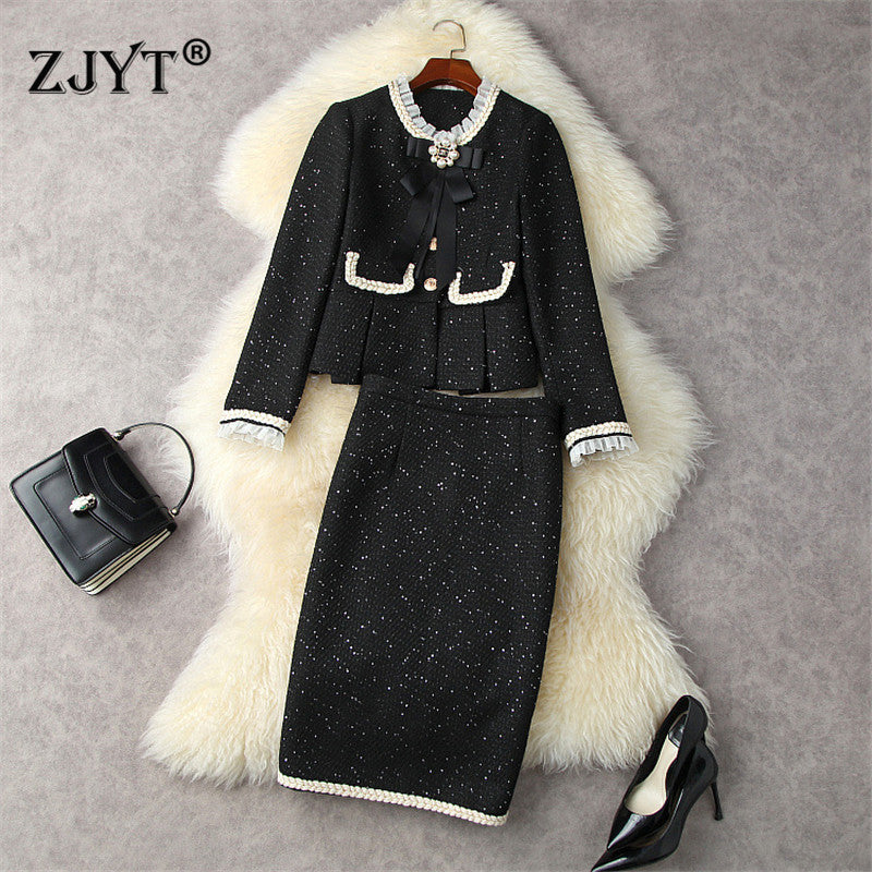 Fashion Runway Women's Office Tweed Dress Suit Autumn Winter Designers Bowknot Woolen Jacket Coat and Skirt Set Two Piece Outfit