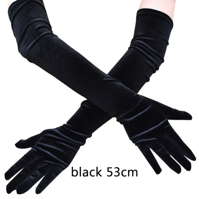 53CM Women Golden Velvet Long Autumn Winter Warm Black Evening Dress Etiquette Gloves Retro Style Banquet Accessories Elasticity