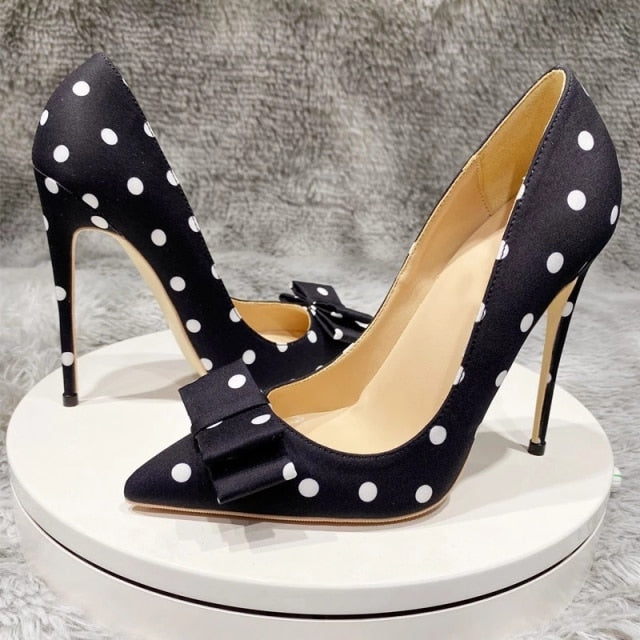 Tikicup Polka Dot Women Black Satin Stiletto High Heels with Bowknot Chic Ladies Designer Dress Shoes Pointed Toe Silk Pumps