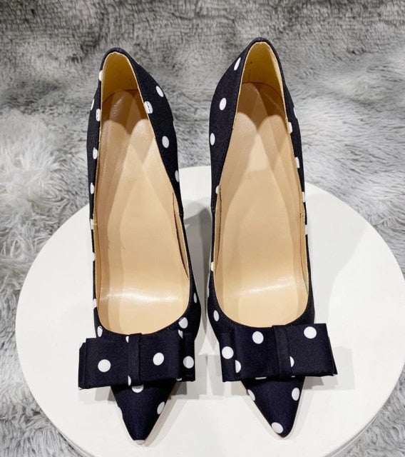 Tikicup Polka Dot Women Black Satin Stiletto High Heels with Bowknot Chic Ladies Designer Dress Shoes Pointed Toe Silk Pumps