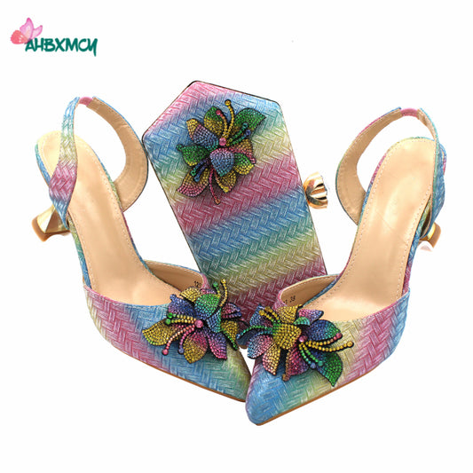 2021 High Quality New Arrivals  Multi Color Italian Design Shoes Matching Bag Set Mature Style African Ladies Pumps for Dress