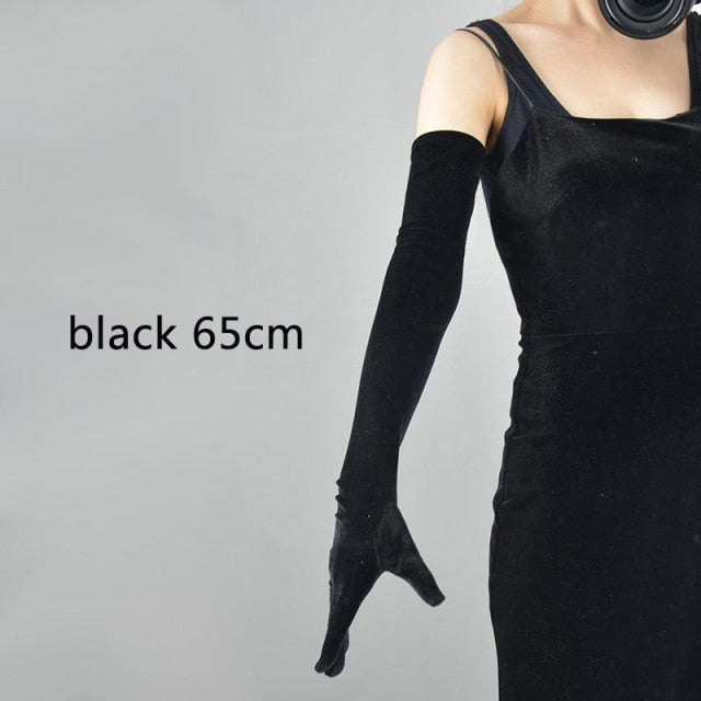 53CM Women Golden Velvet Long Autumn Winter Warm Black Evening Dress Etiquette Gloves Retro Style Banquet Accessories Elasticity