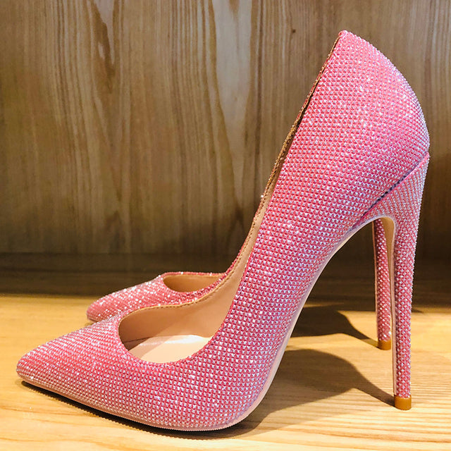 Tikicup Pink Sparkly Bling Women Wedding High Heel Shoes 12cm 10cm 8cm Customize Lady Shiny Pumps Dress Shoes Plus Size 33-45