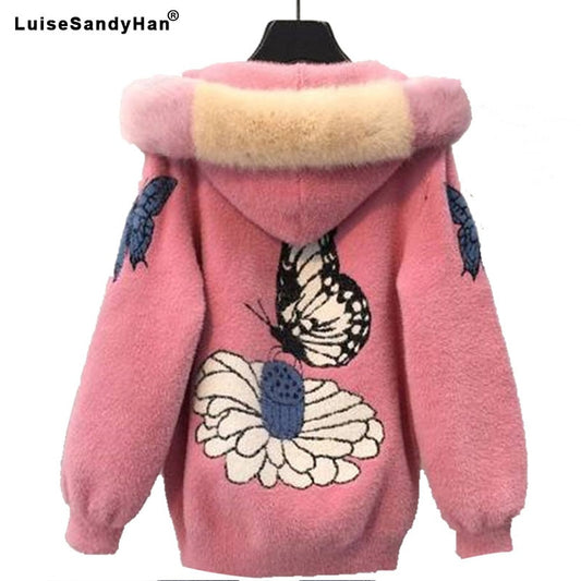 2021 Female mink fur jacket autumn and winter women's coat loose embroidered thick velvet hooded sweater women's cardigan